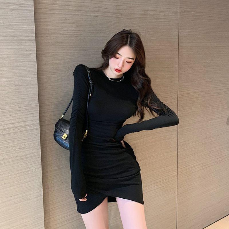 Irregular Sexy Spice Girl Grey Long Sleeve Dress Women's Spring New Slim and Skinny Pure Buttocks Short Skirt