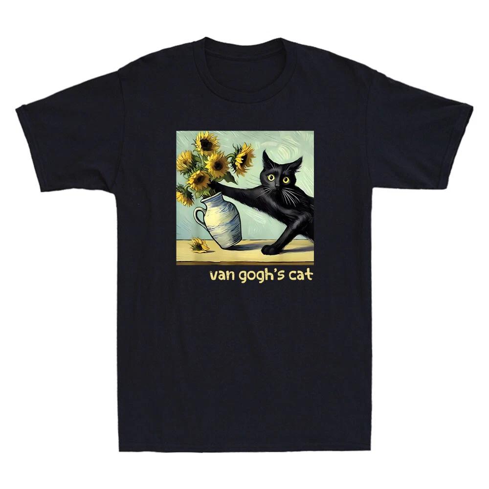Van Gogh Black Cat With Sunflowers Funny Cat Painting Art Novelty Men s T-Shirt 3XL