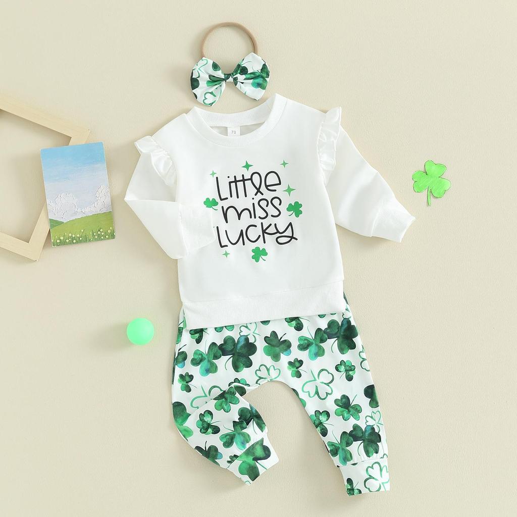 Toddler Girl Ireland Festival Outfits 6M 12M 18M 24M 3Y Letter Print Crew Neck Sweatshirts Shamrock Print Pants Headband 3Pcs Clothes Set