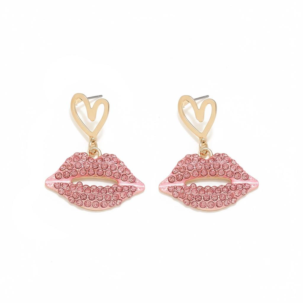 

DIGADAGU Metal Rhinestone Lips Dangle Earrings New Elegant Glamour Earrings Women Daily Zircon Accessories рожевий