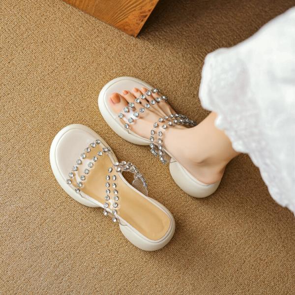 Fashion Glitter Slides High-Heeled Shoes Lady Transparent Slippers Square heel Platform Jelly Block Soft Crystal Scandals Concise