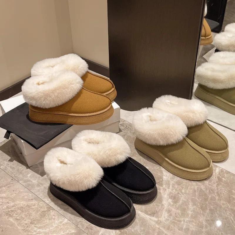 Novas botas de neve femininas da moda 2024, térmicas, forradas com pelúcia, peludas, versáteis, de camurça, cano baixo, bico redondo, quentes, botas escolares de inverno