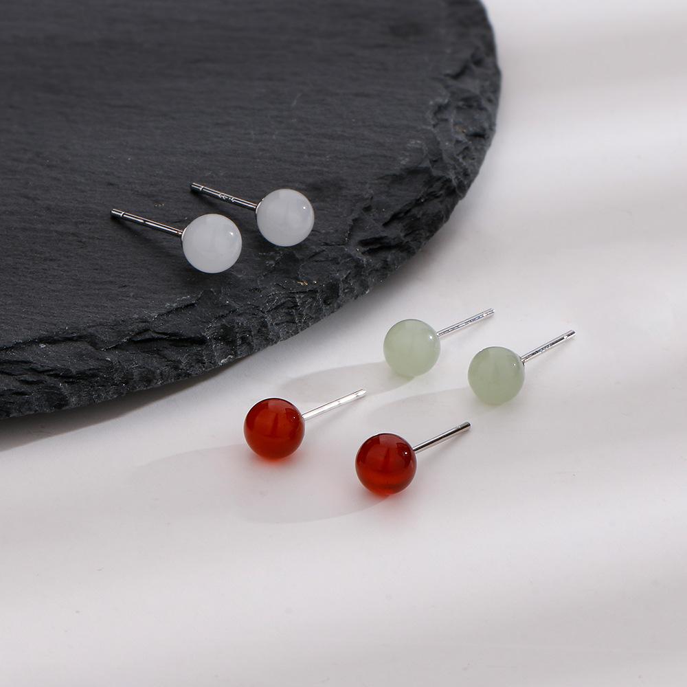 Hetian Jade Stud Earrings Women'S Retro National White Jade Round Bead Earrings, Small Ethnic Style Nanhong Agate Earrings Are Free To Pick.