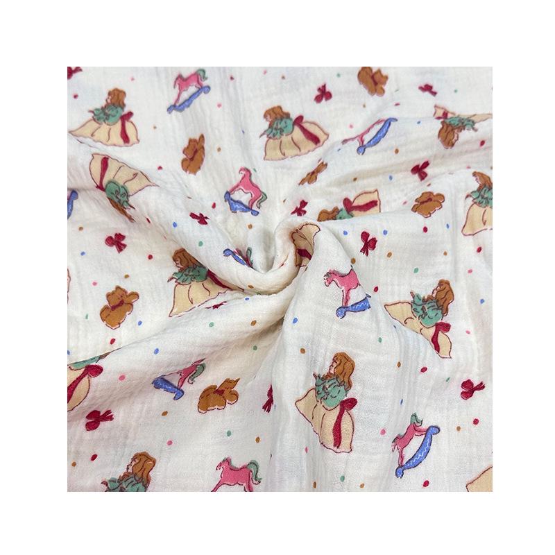 Double-Layer Printed Cotton Crepe Nightgown with Wrinkled Fabric