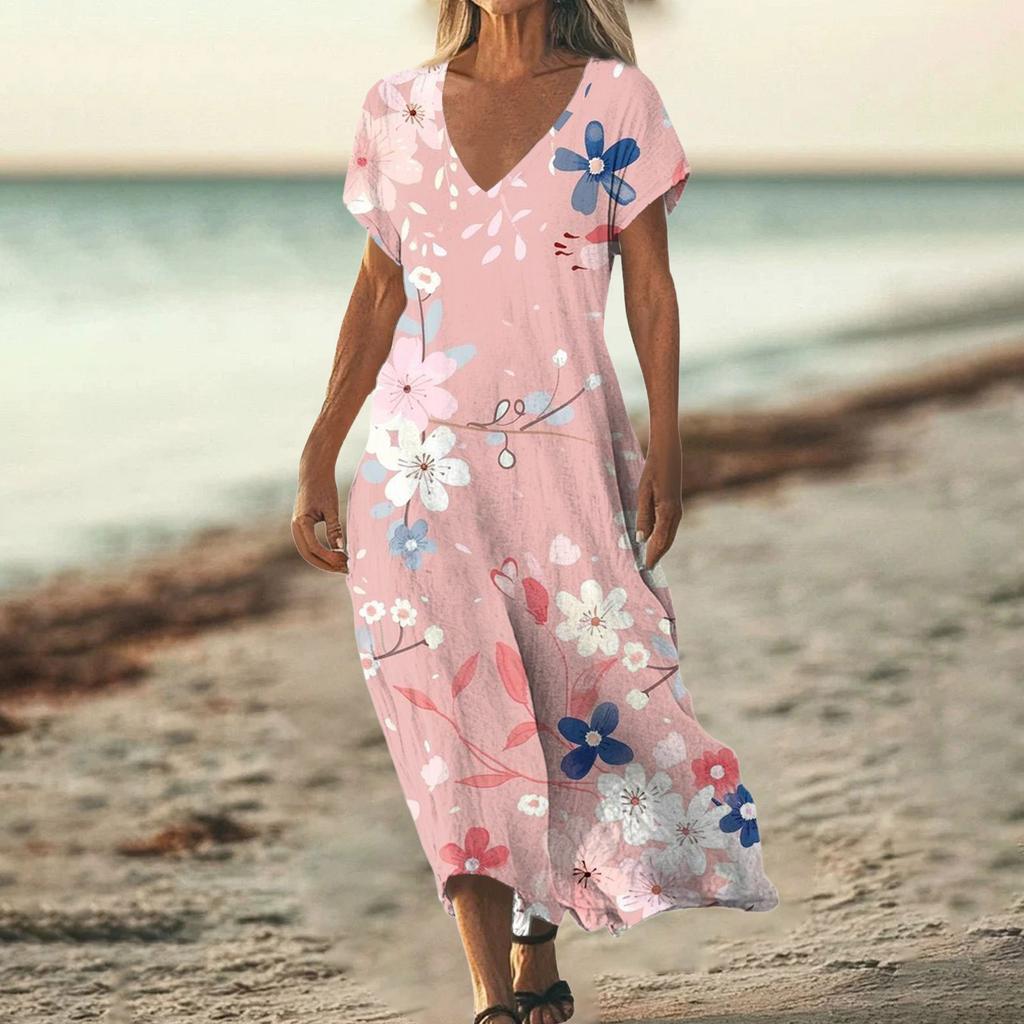 Fashion Women's Summer V-Neck Short Sleeve Floral Print Beach Dress