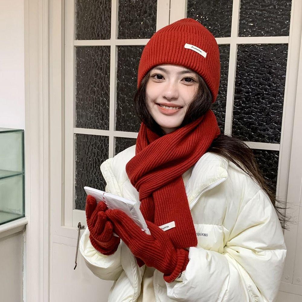 Warm Hat Scarf Gloves Set Solid Color Winter Beanie Hat Neck Warmer Thermal Knit Cap  Women/men
