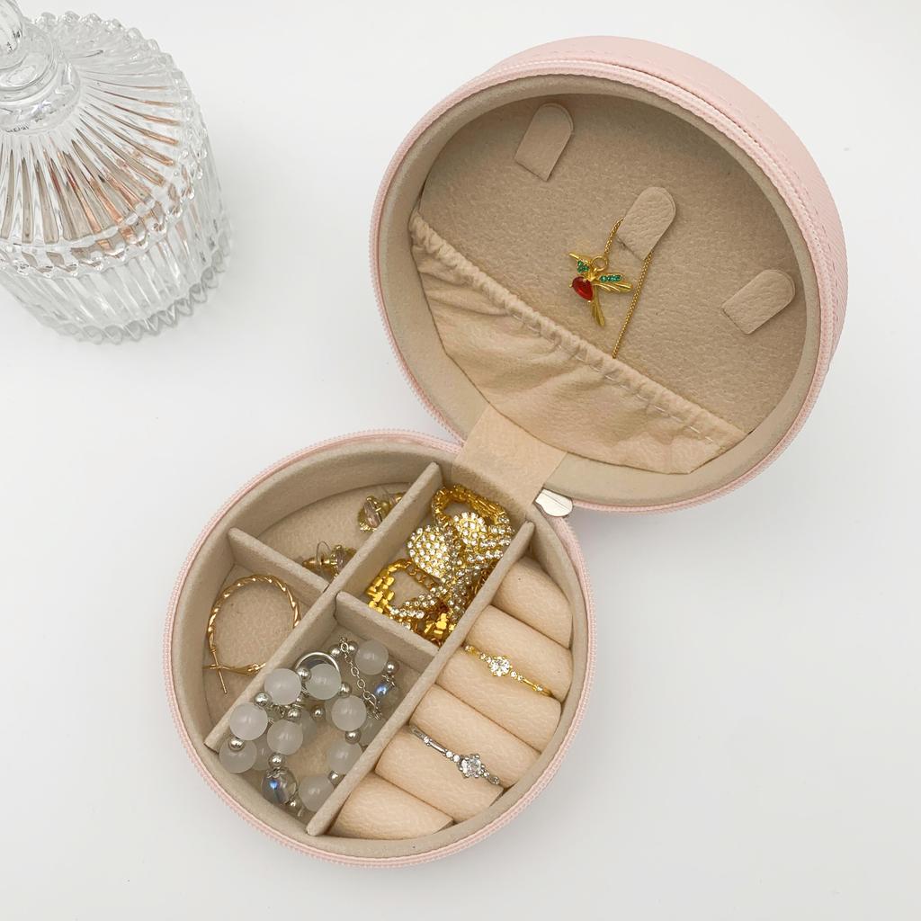 Cutie de bijuterii rotundă portabilă, coliere, cercei, inele, organizator de bijuterii, afișare de călătorie, cutie de bijuterii din piele PU, cutie de depozitare