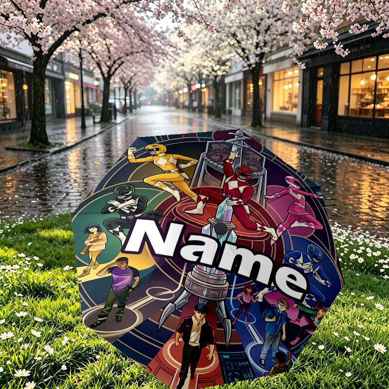 Custom Name Personalized Power Rangers Print Umbrella, Auto Open Close, 8‑Rib Sturdy Frame, Commute Camping Hiking Use, Birthday Gift