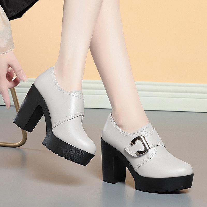 British Style Deep Mouth Soft Leather Chunky Shoes 2025 Spring Block High Heels Shoes Women Oxfords For Office Grace Mode
