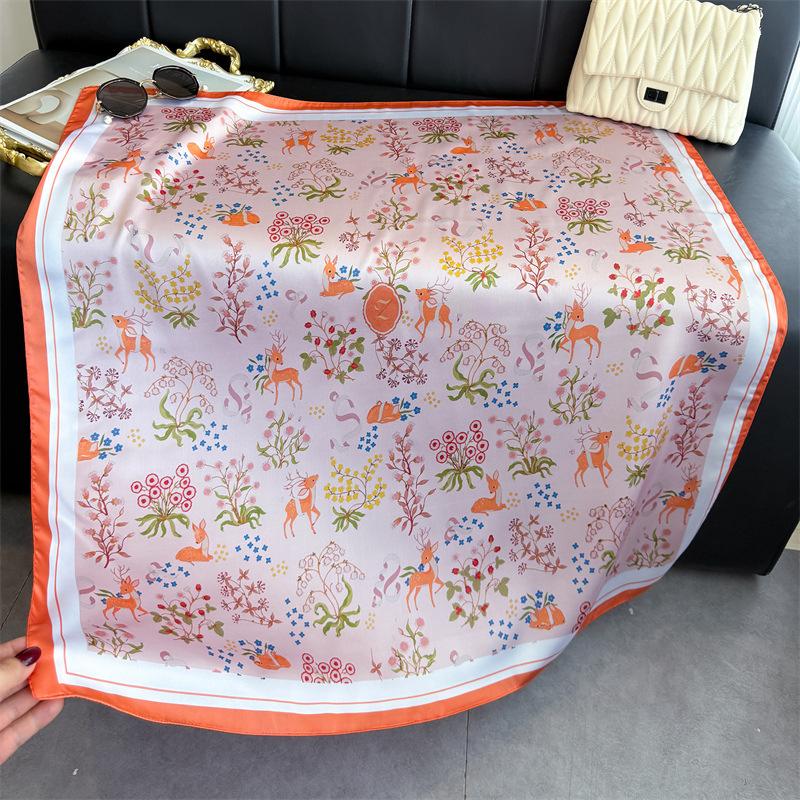 Deer Flower Simulation Silk High-end Large Square Scarf Silk Scarf Printed Shawl Versatile Scarf Sunscreen Scarf Headscarf Scarf