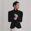 Damen Schwarz Uni Figurbetonter Blazer mit Puffärmeln Stehkragen Slim Fit Winter Bürokleidung