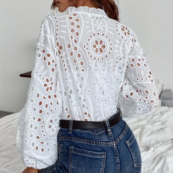 Women Shirt V-Neck Lantern Long Sleeve Single Breasted Shirt Tops Ruffle Details Hollow Design Casual Shirt