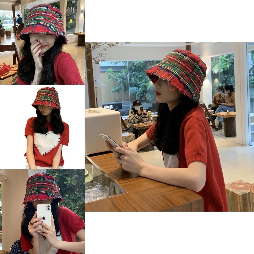 Chic Red Plaid Bucket Hat For Women Vintage Style Sun Protection Breathable Cotton