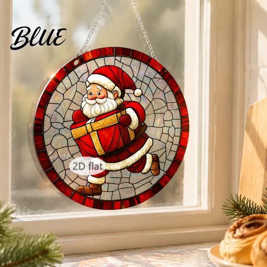 Christmas Window Decorations Acrylic Hanging Decor 2D Holographic Stained Glass Art Vintage Style Holiday Ornament with Metal Chain Double-sided