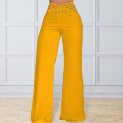 Women High Waist Long Pants Hollow Elastic Waistband Wide Leg Casual Trousers Solid Color Loose Fit Trousers