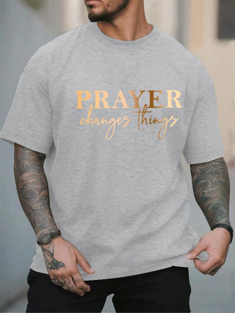 Men's Plus Size Casual T-Shirt, "Prayer Changes Things" Quote, Geometric Pattern, Round Neck, Short Sleeve, Summer Fashion, Knit Fabric, Polyester, Ad
