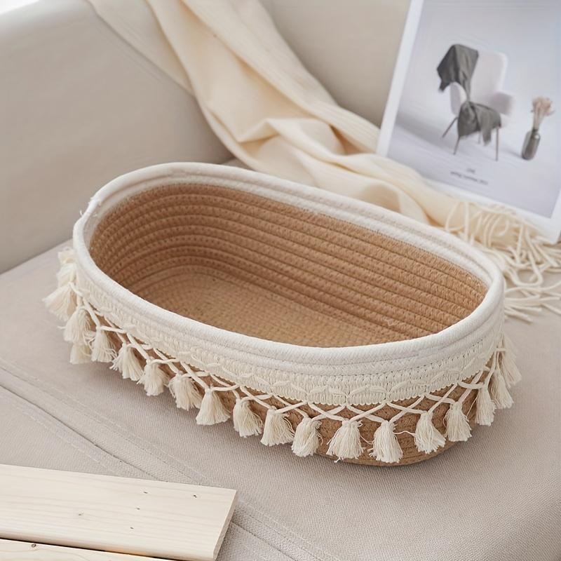 Boho Chic WhiteKhaki Rectangular Tassel Storage Basket Polyester Rope Organizer with Open Top for Living Room Bedroom Bathroom 2300₽