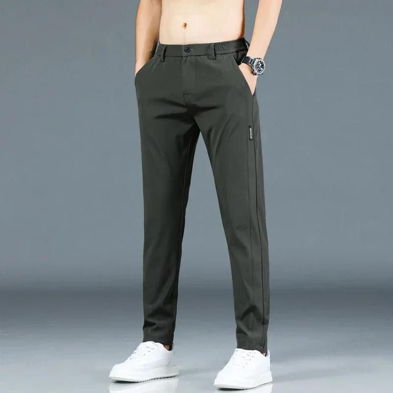 

Summer Thin Ice Silk Stretch Men s Pants Casual Elastic Waist Smooth Trouser Pants Male Brand Clothing 5 Colour 38 зелений