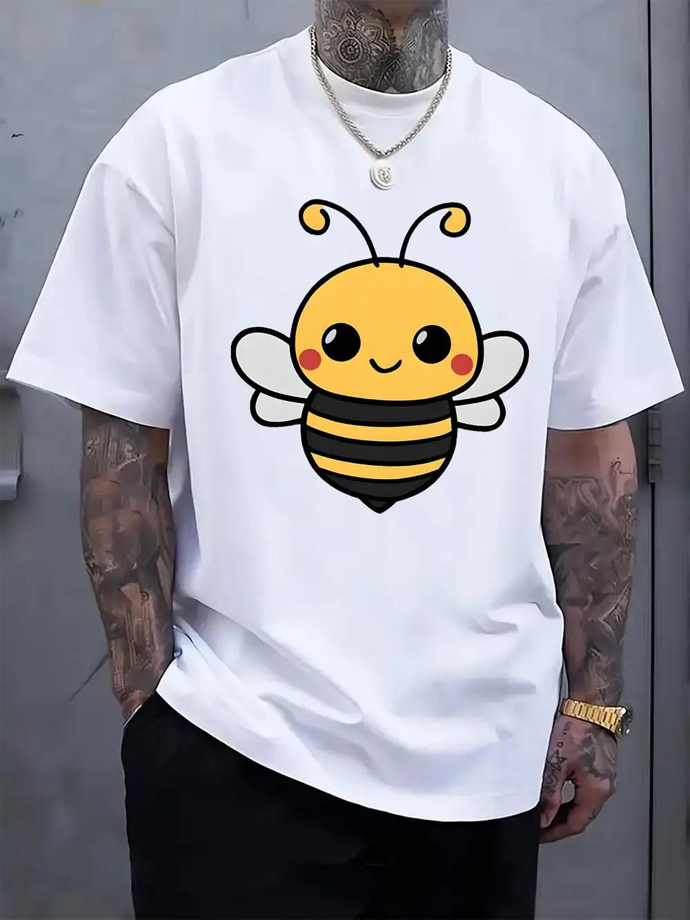 

Casual White T-shirt with Cute Cartoon Bee Print - Short Sleeve S