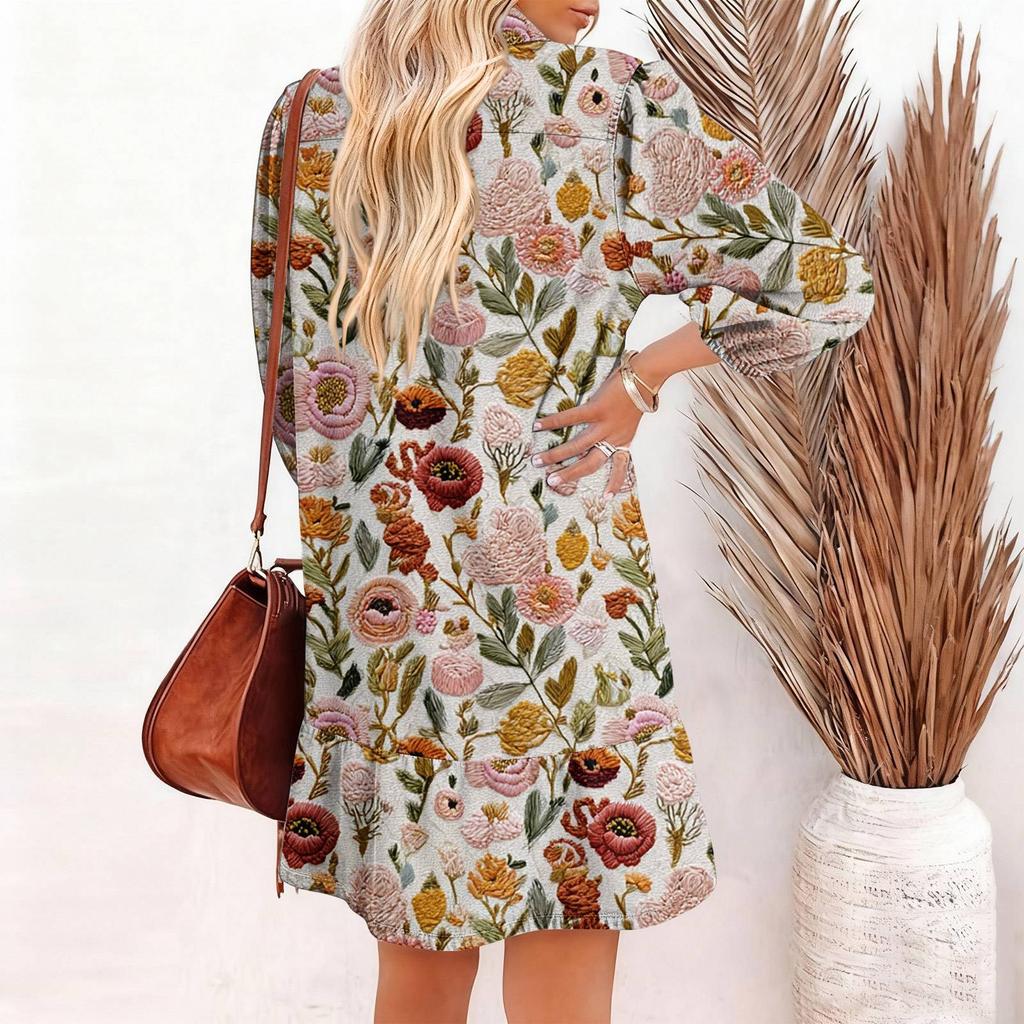 Damenmode Elegant Herbst Und Winter Langarm V-Ausschnitt Weihnachtsprint Kleid