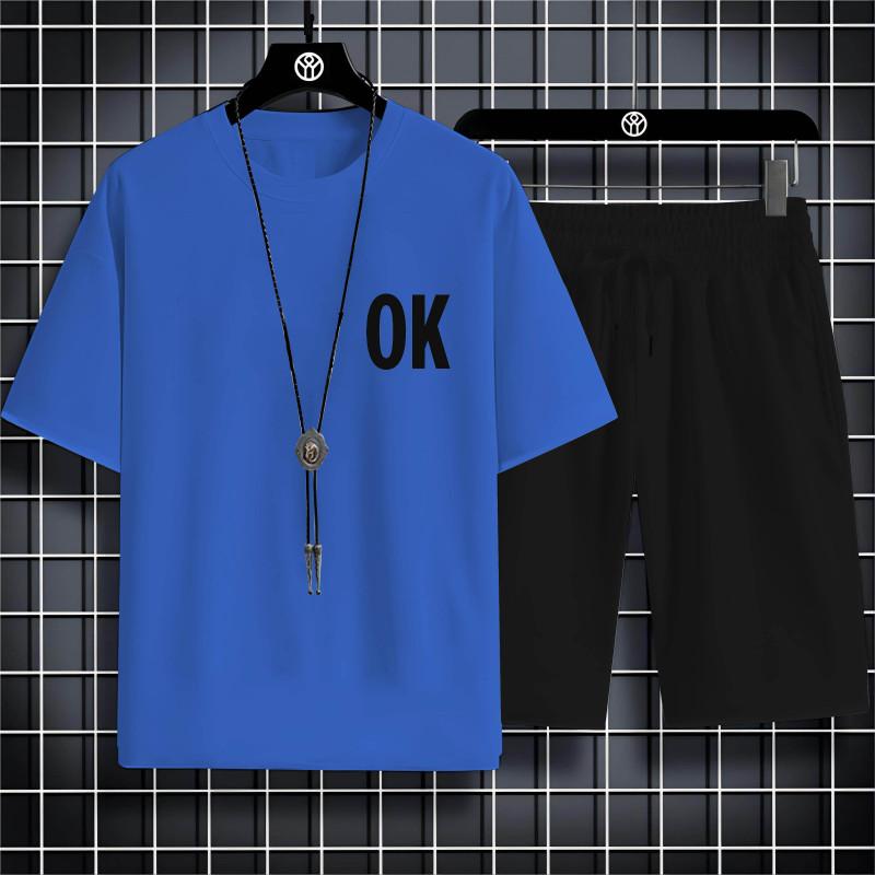 Summer Fashion Casual Sports Style Alphabet Ok Printed Men'S Round Neck Short Sleeve T-Shirt Drawstring Shorts Beach Suit