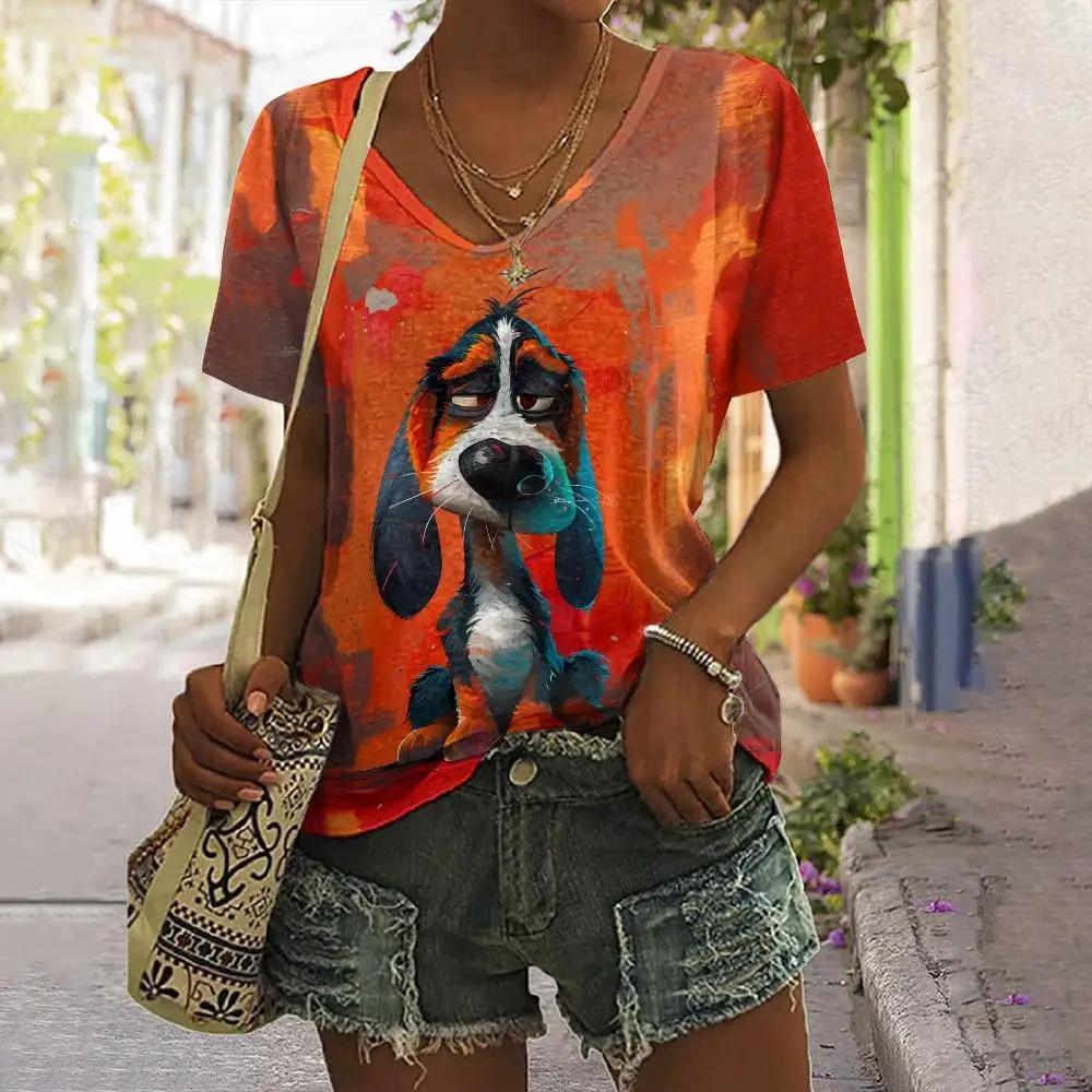 Summer Tops Women's Tee T Shirt Dog Cat 3d Print Tshirt Women Fashion Casual V-Neck Short Sleeve T-shirt Female Clothes