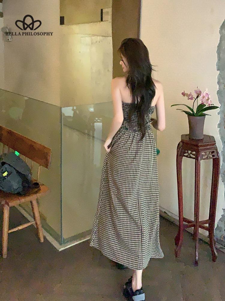 Letní nové kostkované bez ramínek Středně dlouhé úzké elegantní šaty pro ženy Ležérní elegantní plážové párty dlouhé šaty