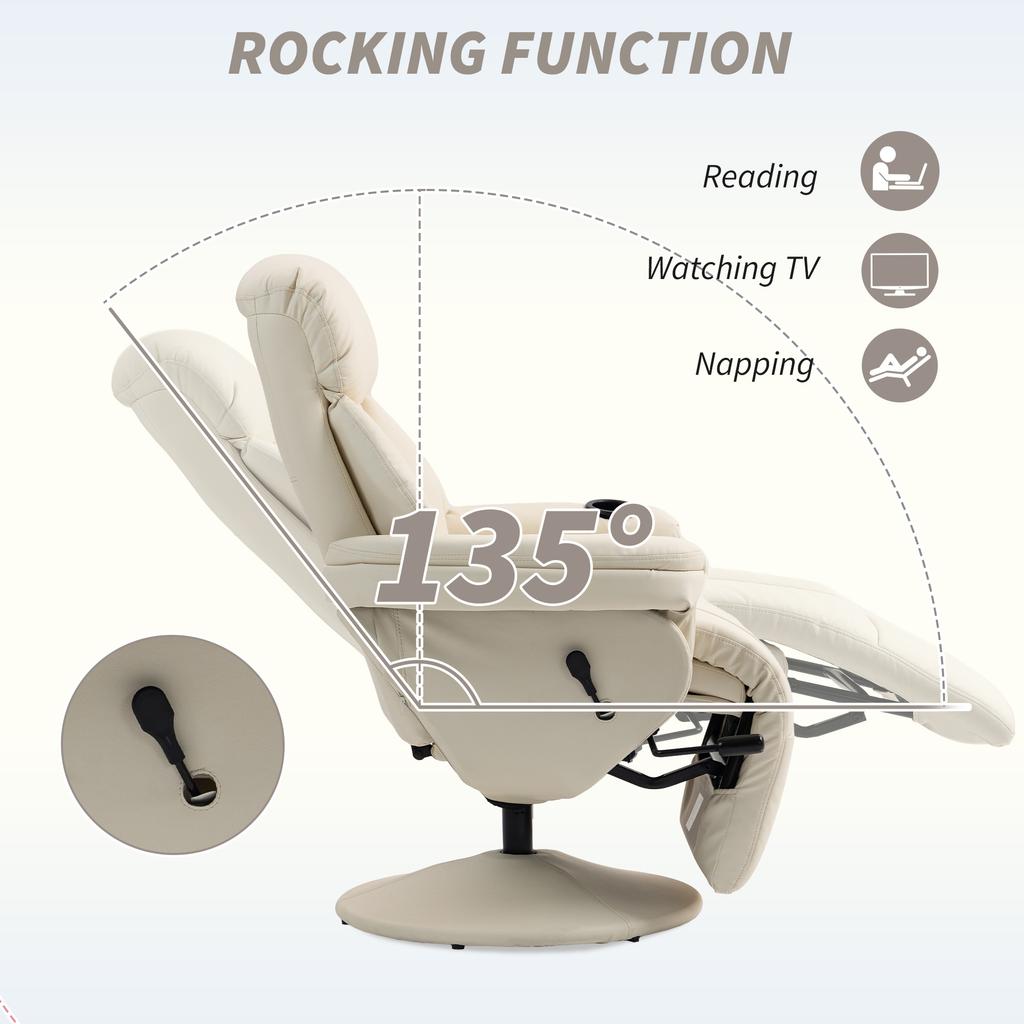 Manual Recliner Chair with Footrest, Upholstered Reclining Armchair with Adjustable Backrest and Cup Holder, PU Leather Swivel Chair for Living Room