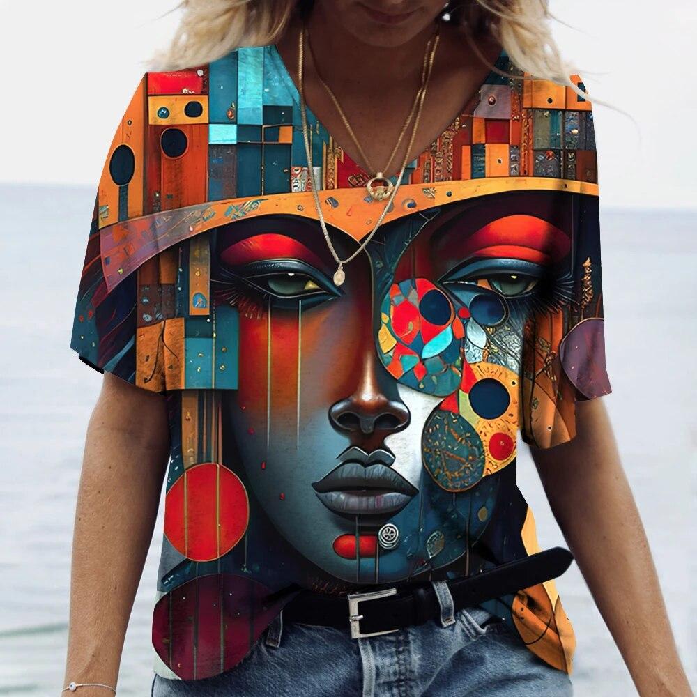 3D Painting Face Women's T-shirt Basic Harajuku Tops Summer Casual Short Sleeve V-Neck Loose Streetwear Female Fashion Pullover