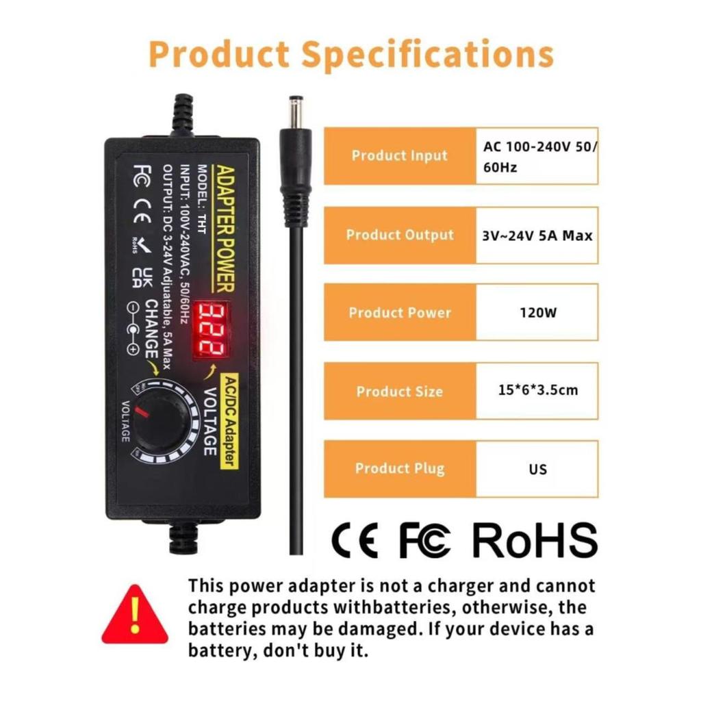 Adjustable 3-24V 3A Power Adapter for Motors, Pumps, and LED Lights