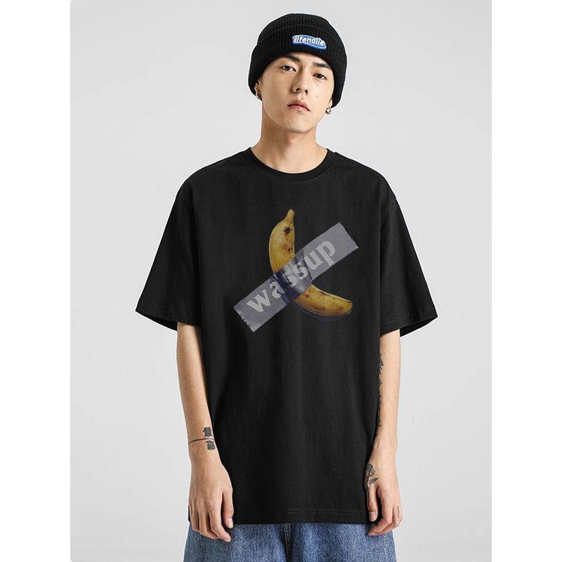 Wassup Heods Banana Sticker Trendy Brand T-Shirt for Men and Women, New Summer Style, Pure Cotton, Versatile Casual Couple Short-Sleeve Shirt
