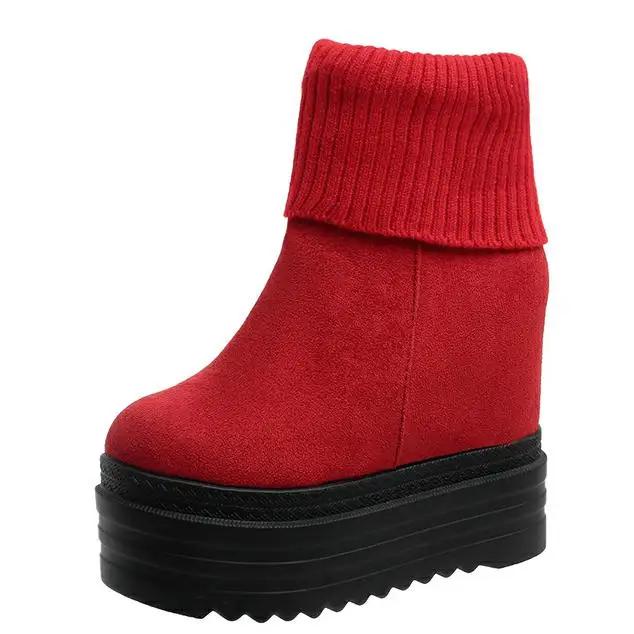 

Мода 12,5 см Женские до середины икры Зимние вязаные плюшевые на скрытой платформе Женские теплые зимние ботинки Модная платформа Толстая подошва Обувь Женский ботинок 39