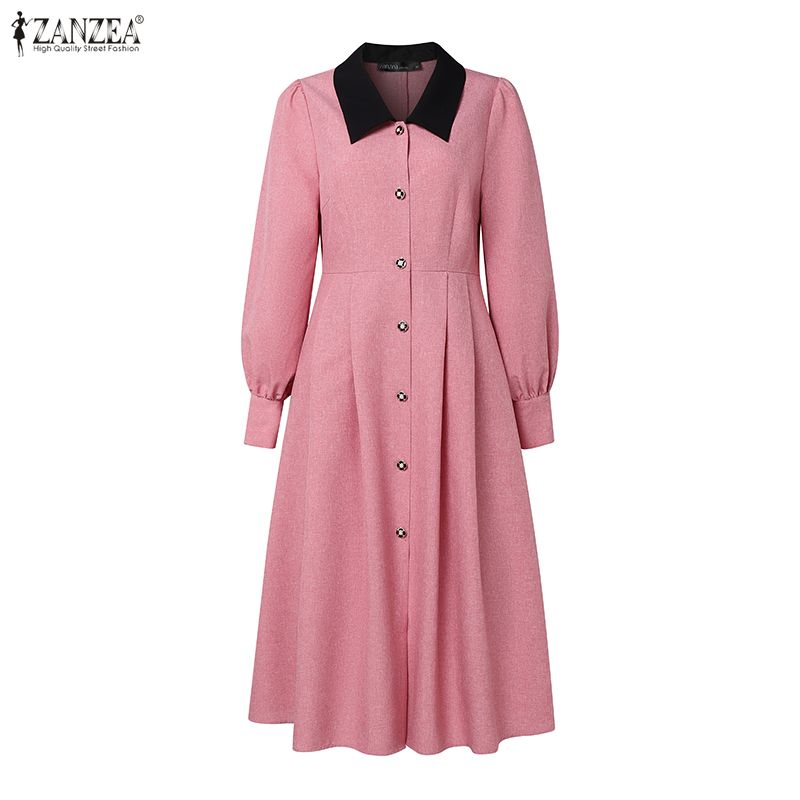ZANZEA Women Splice Lapel Collar Casual Long Sleeve Elegant Dress