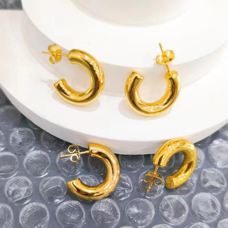 Brass-Plated Hollow Solid Women s Versatile C-Shaped Earrings