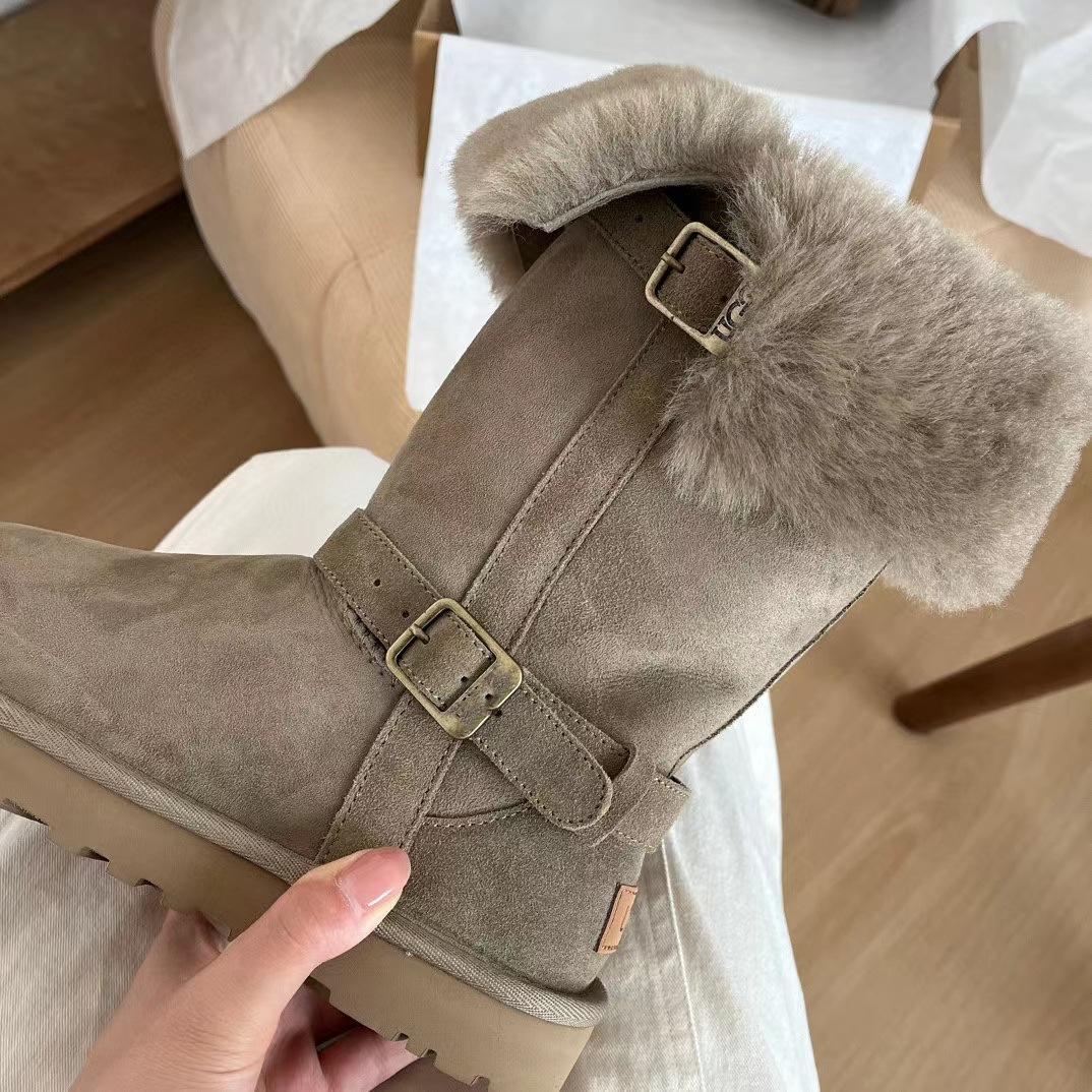 

Северо-восточные зимние сапоги женские новые зимние кожаные сапоги-рыцари с пряжками на голенище, утепленные хлопком, сапоги из овчины и меха, сапоги из цельного меха 40