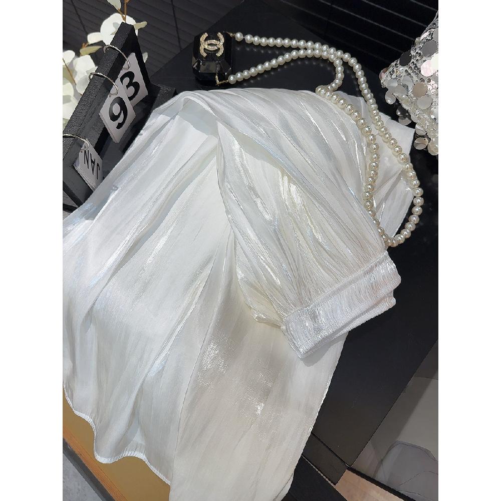 Retro Style Fashionable Pleated Drooping Slimming High Waist A- Line Skirt High-Grade Glossy Pearlescent Chiffon Pleated Skirt
