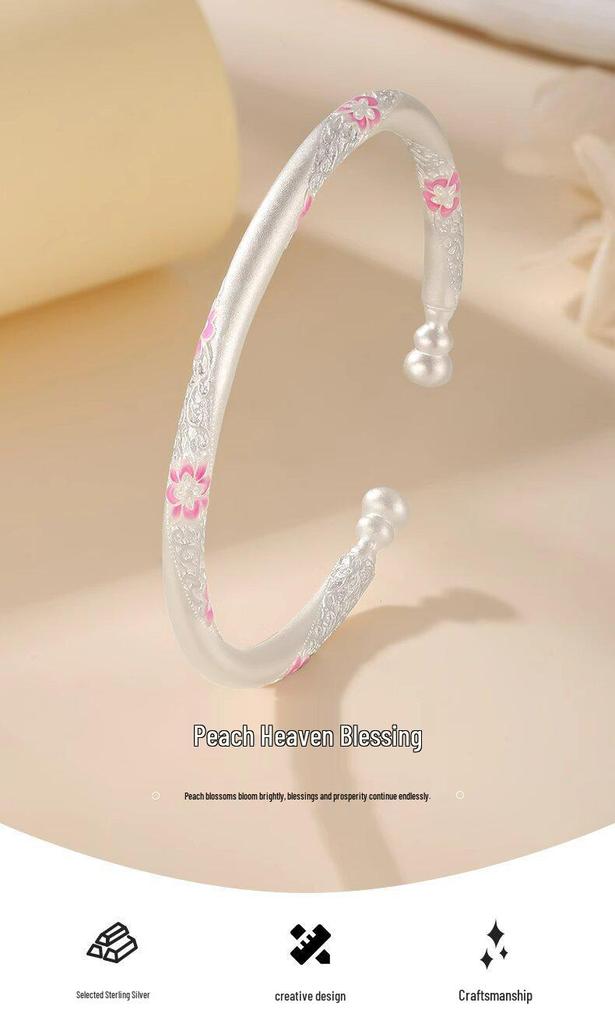 Sterling Silver 9999 Enamel Gourd Flower Twisted Bangle for Women - New Chinese National Style Bracelet