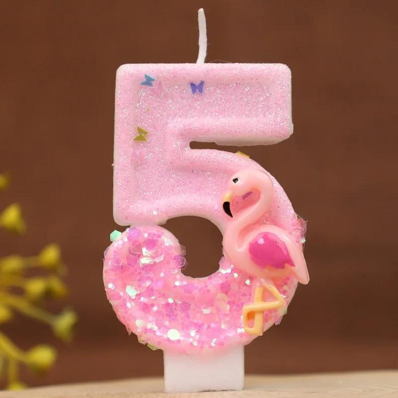 Pink Glitter Birthday Number Candles Flamingos 1 Year Baby Birthday Cake DecorationsBirthday Candle Pink Creative Girl Party
