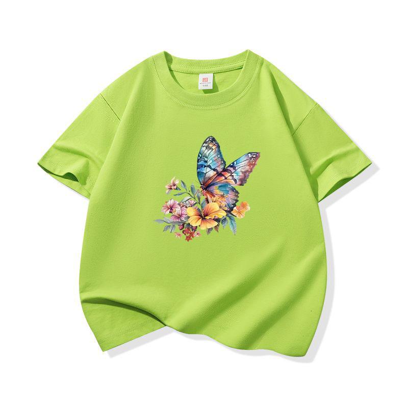 Kids Cotton T Shirt Watercolor Butterfly With Floral Bouquet Print Crew Neck Short Sleeve Tee Casual Boys Girls Summer Tops