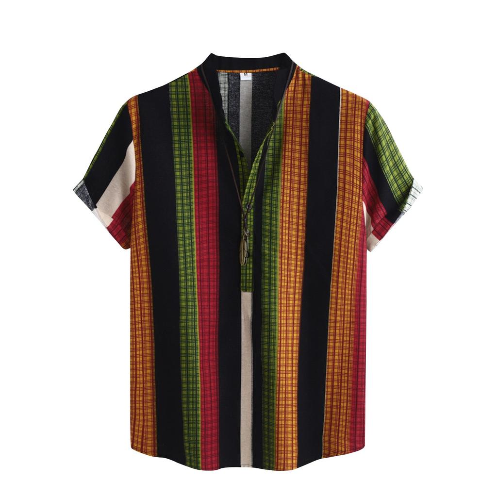 Men's Summer Folk Style Striped Printed Short-sleeved Tops Men's Casual Stand Collar Short-sleeved Tops