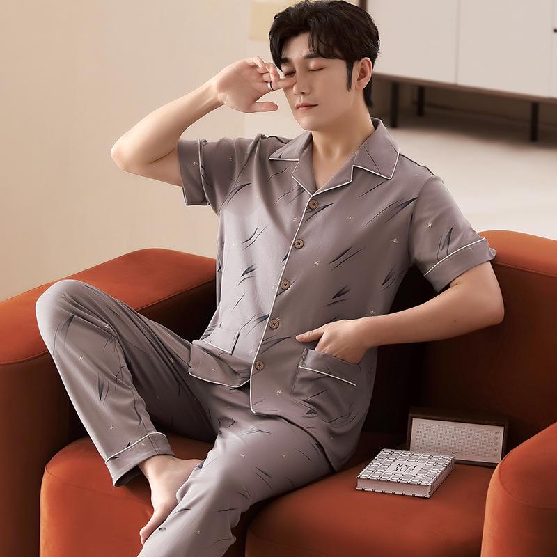 Men's Summer Cotton Pajama Set: Short Sleeve, Long Pants, Plus Size, Loose, Casual, Thin Cardigan Homewear.