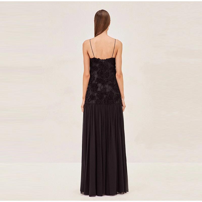 Women's Chiffon Dress Elegant White Backless 3D Flower Strap Dress Pleated A-line Patchwork Design Summer Beach Vacation Robe Evening Vestidos Dress