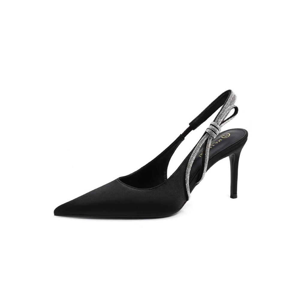 [New] One-word Sandals with Bag Head, Women's Autumn French Satin, Beautiful Temperament, Pointed Thin Heels, High Heels