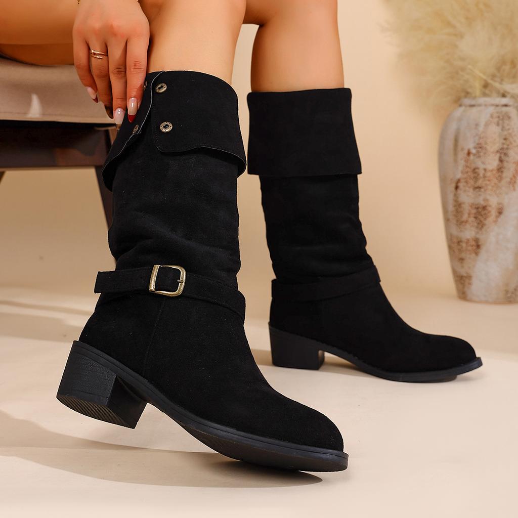 Fashion New Fashion Women's Solid Color Trendy Knight Boots Buckle Decor Chunky Heel Mid Calf Boots Autumn Winter Slip on Luxury Boots