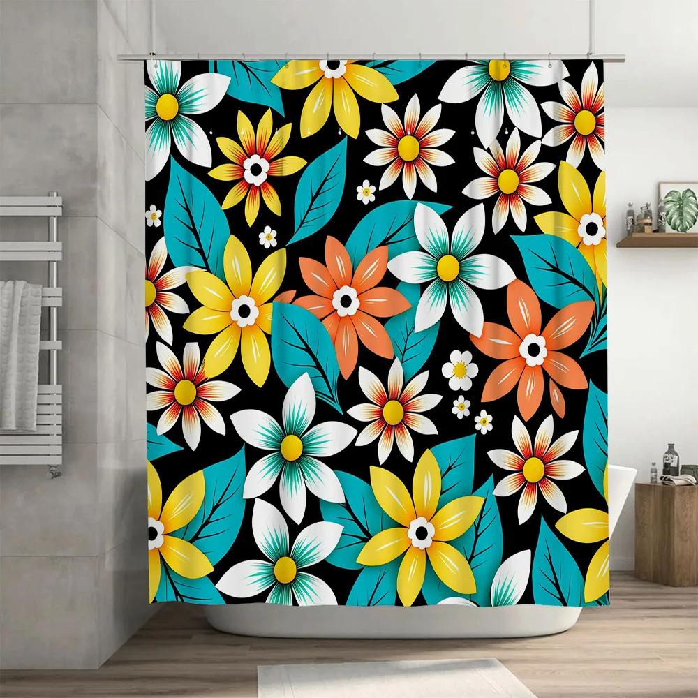 Vibrant Floral Shower Curtain Bold Beautiful Bathroom Decor in Black, White, Yellow, Blue, and Orange for Home or Hotel Use