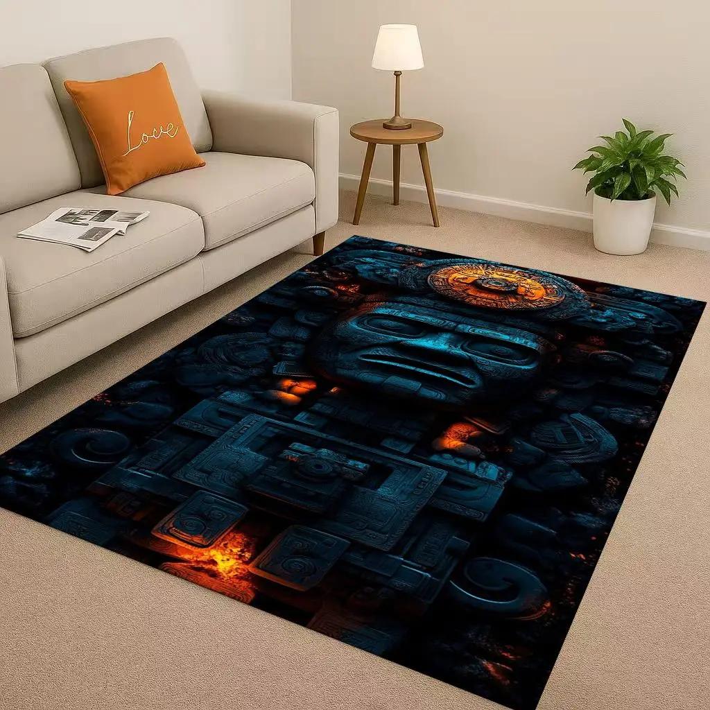 Retro Aztec Totem Maya Mask Sun God Living Room Non-Slip Area Rug Soft Carpet For Bedroom Sofa , Easy Clean Home Doormat Playmat