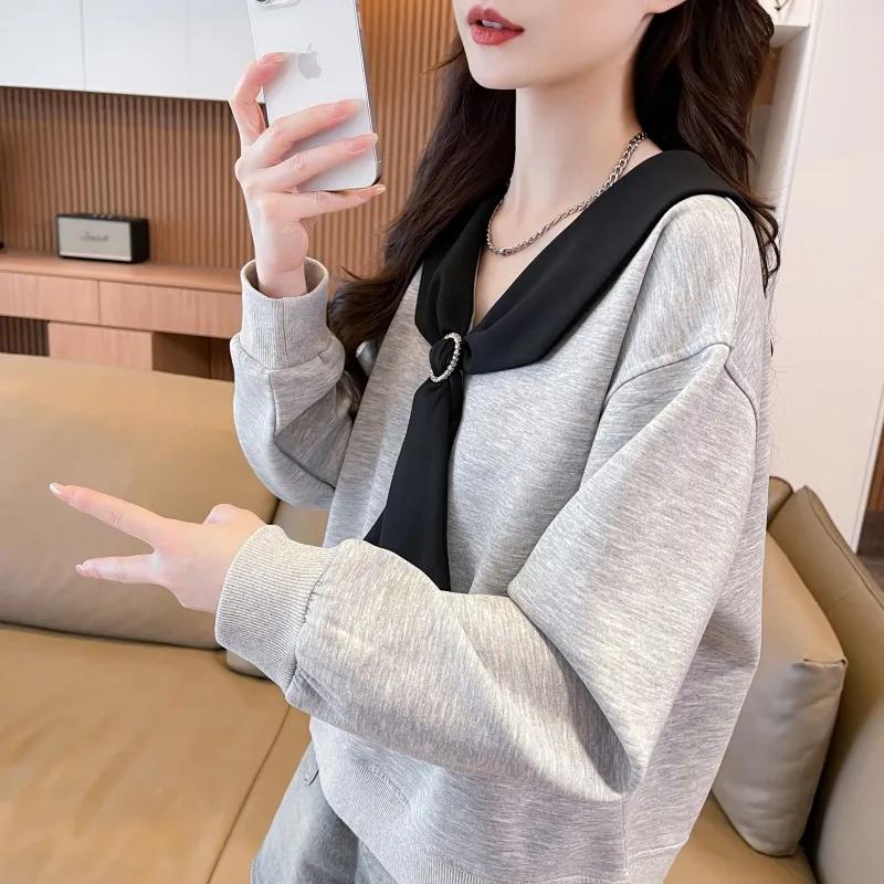 

Women s Contrast Sailor Collar Long-Sleeve Sweatshirt Hoodies L сірий колір