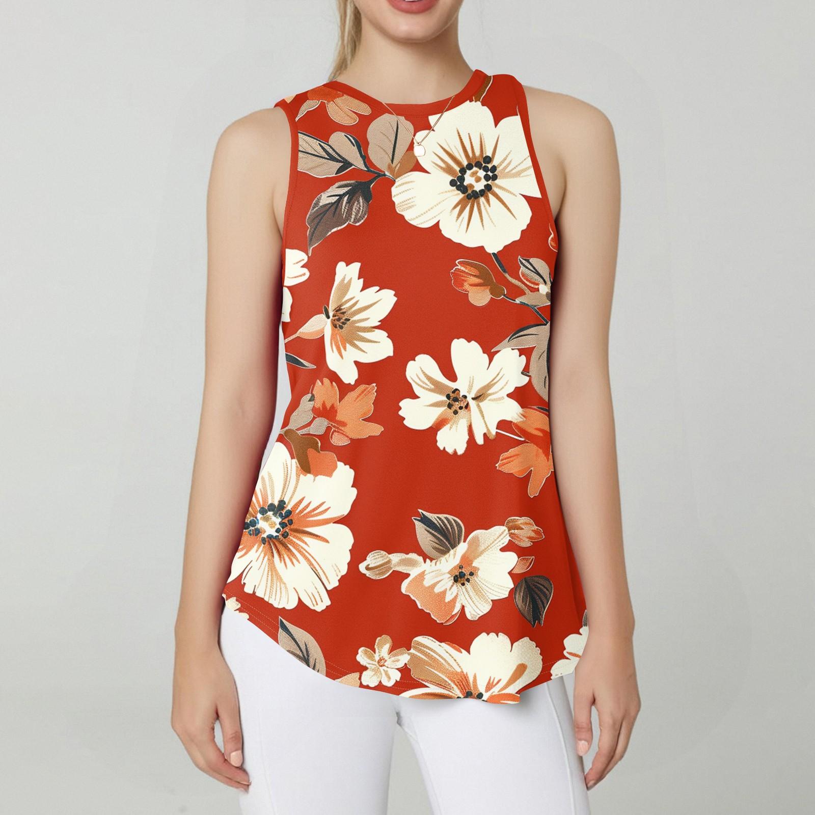 

Женская круглая горловина с ретро-цветочным принтом жилет универсальный свободный подол без рукавов футболка топ XL красный