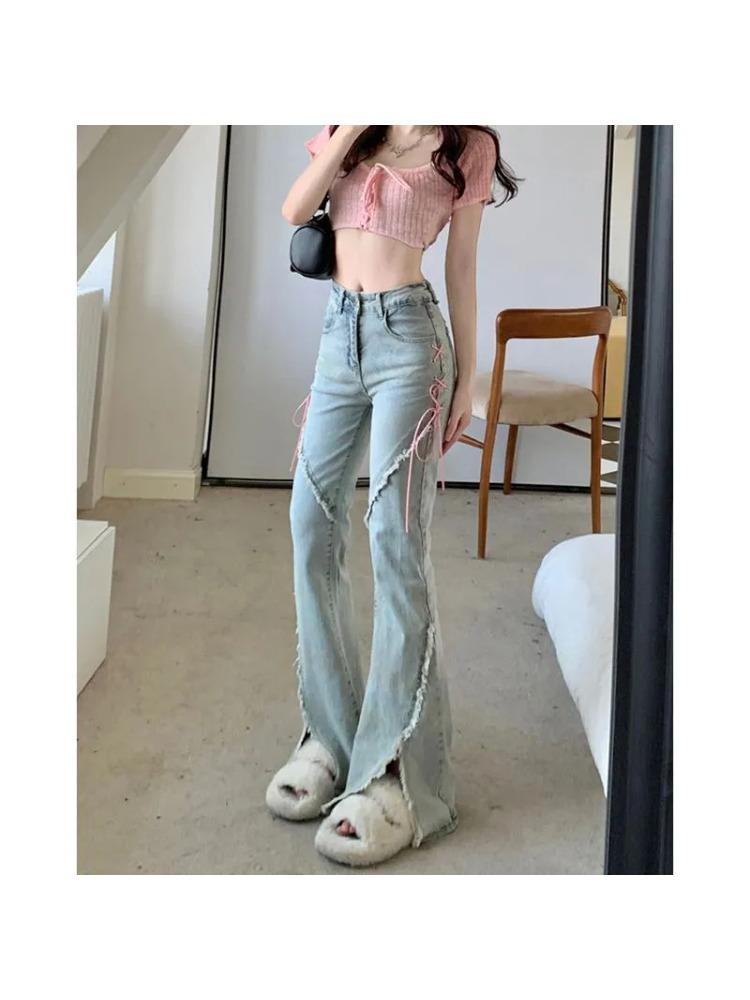 Letní Džínové Vintage Sladké Kalhoty Ženy Slim Šněrovací Korejské Ležérní Zvonové Kalhoty Dámské Japonské Francouzské Elegantní Rozparek Džíny Nové