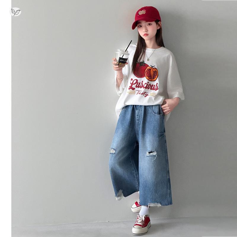 Trendy Summer Ripped Pants Set for Junior High Girls – Stylish Two-Piece Outfit
